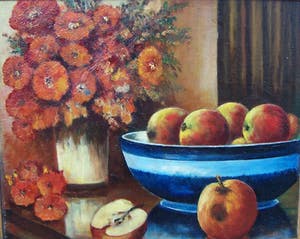 Niet of onleesbaar gesigneerd - Sitlleven met appels en bloemen. kopen? Bied vanaf 1!