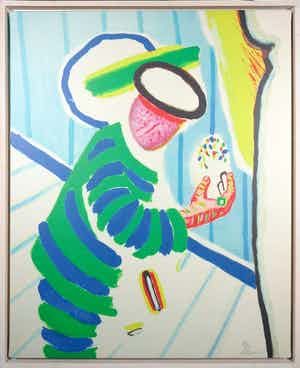 Roger Raveel - Zeefdruk op doek, Gestreepte man in gestreepte ruimte - Ingelijst (Groot) verkocht voor € 1!