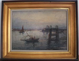 Jules Lentrein - Vissersbootje bij staketsel bij valavond kopen? Bied vanaf 250!