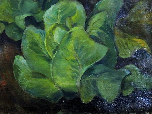 Niet of onleesbaar gesigneerd - Groot 1946 gesigneerd Amerikaans olieverf "Moestuin met Sla" kopen? Bied vanaf 1!