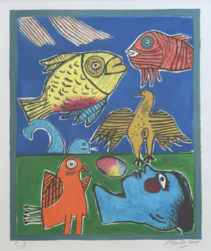 Corneille - Litho: 'Fantasie voorstelling met vissen, vogels en vrouw' (2009). kopen? Bied vanaf 335!
