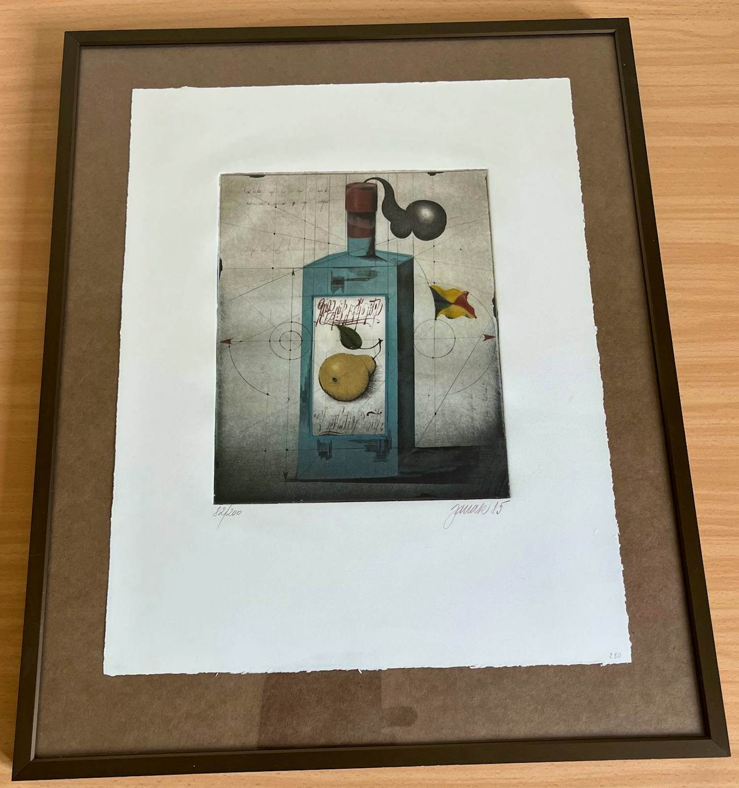 Alois Janak - Stillleben mit Flasche und Birne auf dem Etikett verkocht voor € 50!