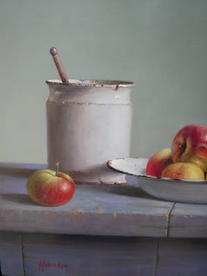 Hans Habraken - Stilleven Oude kan potje en schaal appels kopen? Bied vanaf 695!