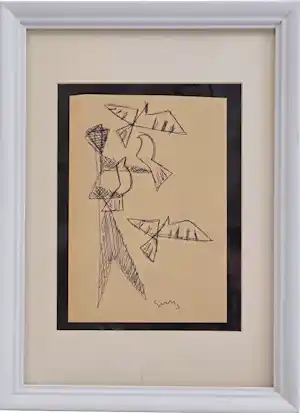 Siep van den Berg - Unieke originele inkttekening Figuur en vogels handgesigneerd verkauft für € 149!