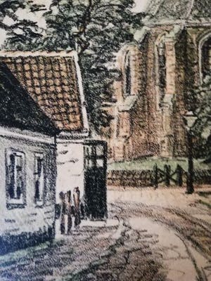 Eugene Rensburg - Dorpsgezicht Bergen nh met Ruïnekerk op achtergrond.... kopen? Bied vanaf 50!