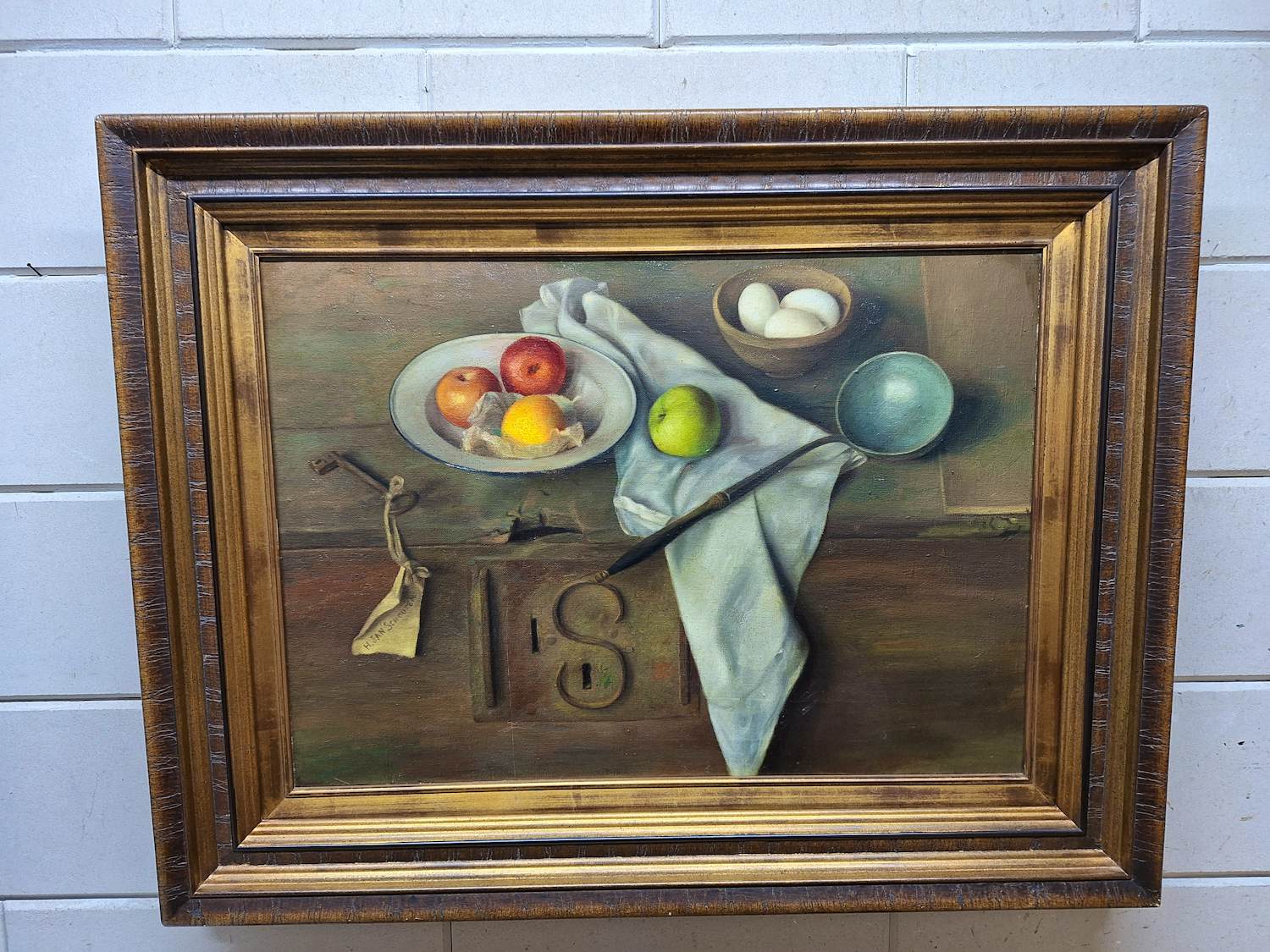 Jan Schouten - Stilleven met een Sleutel en een schaal met eieren en een schaal met Appels kopen? Bied vanaf 150!