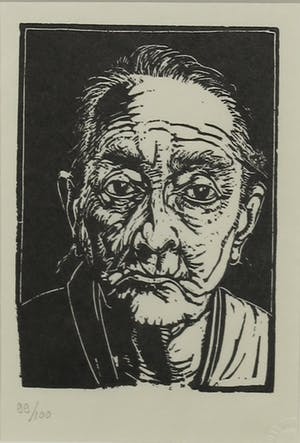 Dick Ket - Linoleumsnede, Portret van grootmoeder (en face) - Ingelijst kopen? Bied vanaf 35!