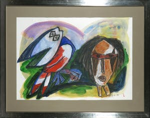 John Lie a Fo - Gouache en krijt, Vogel en man - Ingelijst kopen? Bied vanaf 150!
