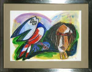 John Lie a Fo - Gouache en krijt, Vogel en man - Ingelijst verkocht voor € 150!