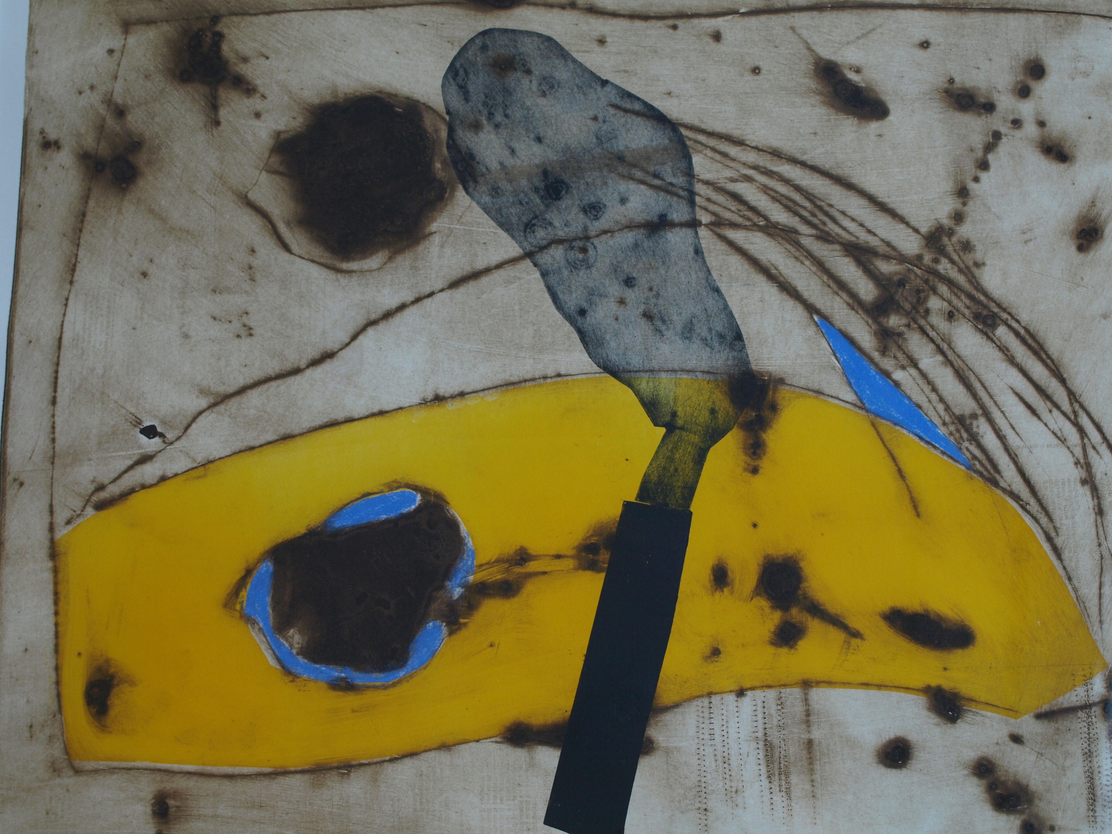 Anneke van der Mandele - Ets , Compositie met Geel - gesigneerd & ingelijst - 1995 kopen? Bied vanaf 45!