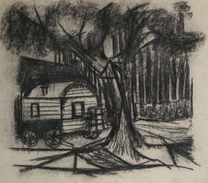 Dick Elffers - Houtskool op geschept papier, Landschap met kar kopen? Bied vanaf 1!