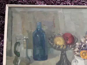 Wil van Dinther - gevarieerd stilleven met oa bloemen en fles wijn kopen? Bied vanaf 195!