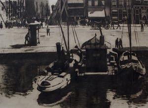 Willem Witsen - Ets: Damrak met gezicht op een steiger en een bouwput kopen? Bied vanaf 250!