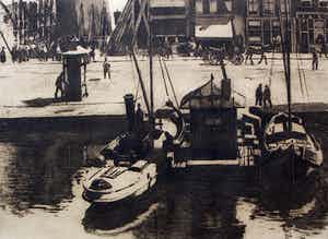 Willem Witsen - Ets: Damrak met gezicht op een steiger en een bouwput verkocht voor € 250!