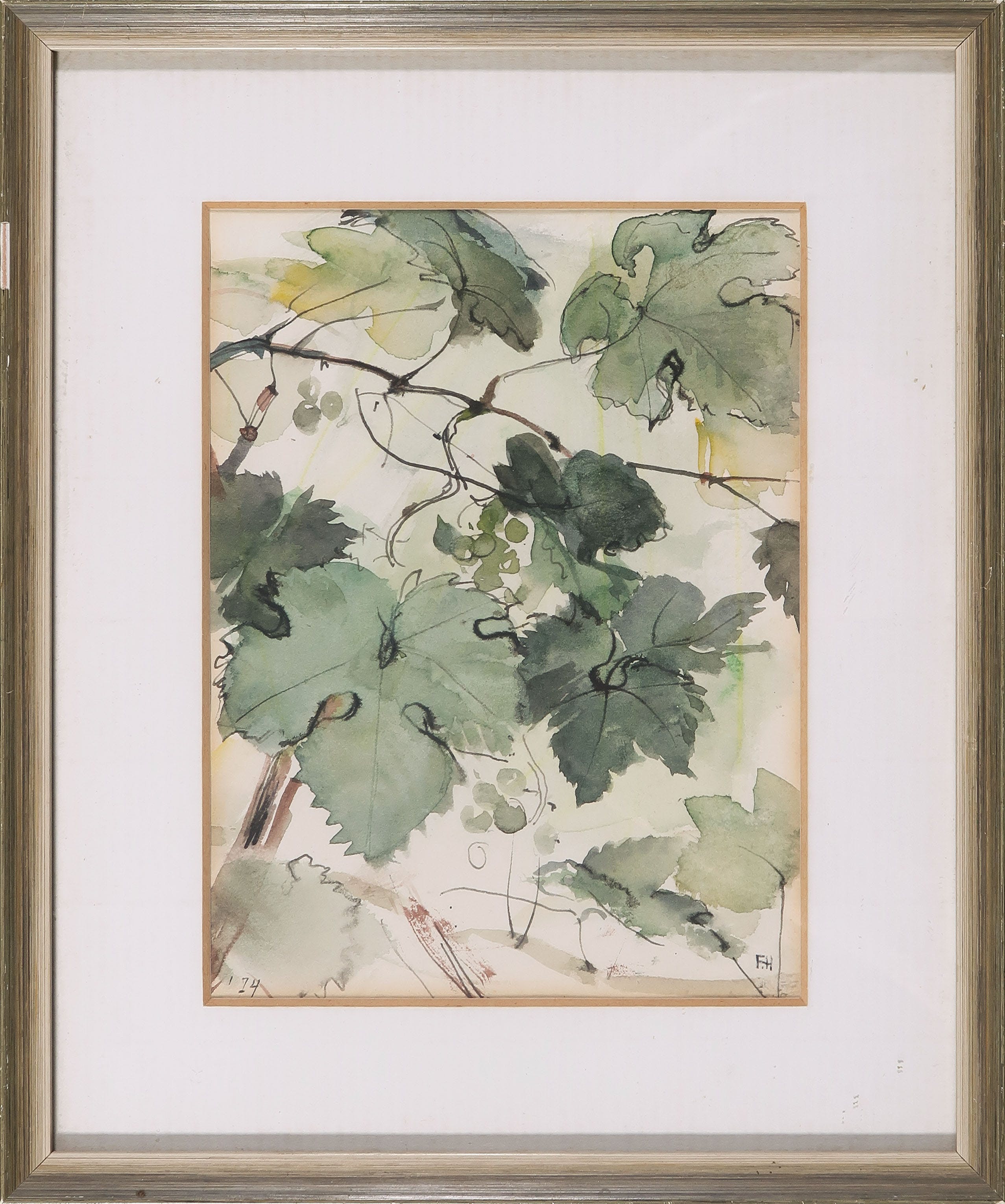 Frida Holleman - Aquarel, Druivenbladeren - Ingelijst verkocht voor € 35!