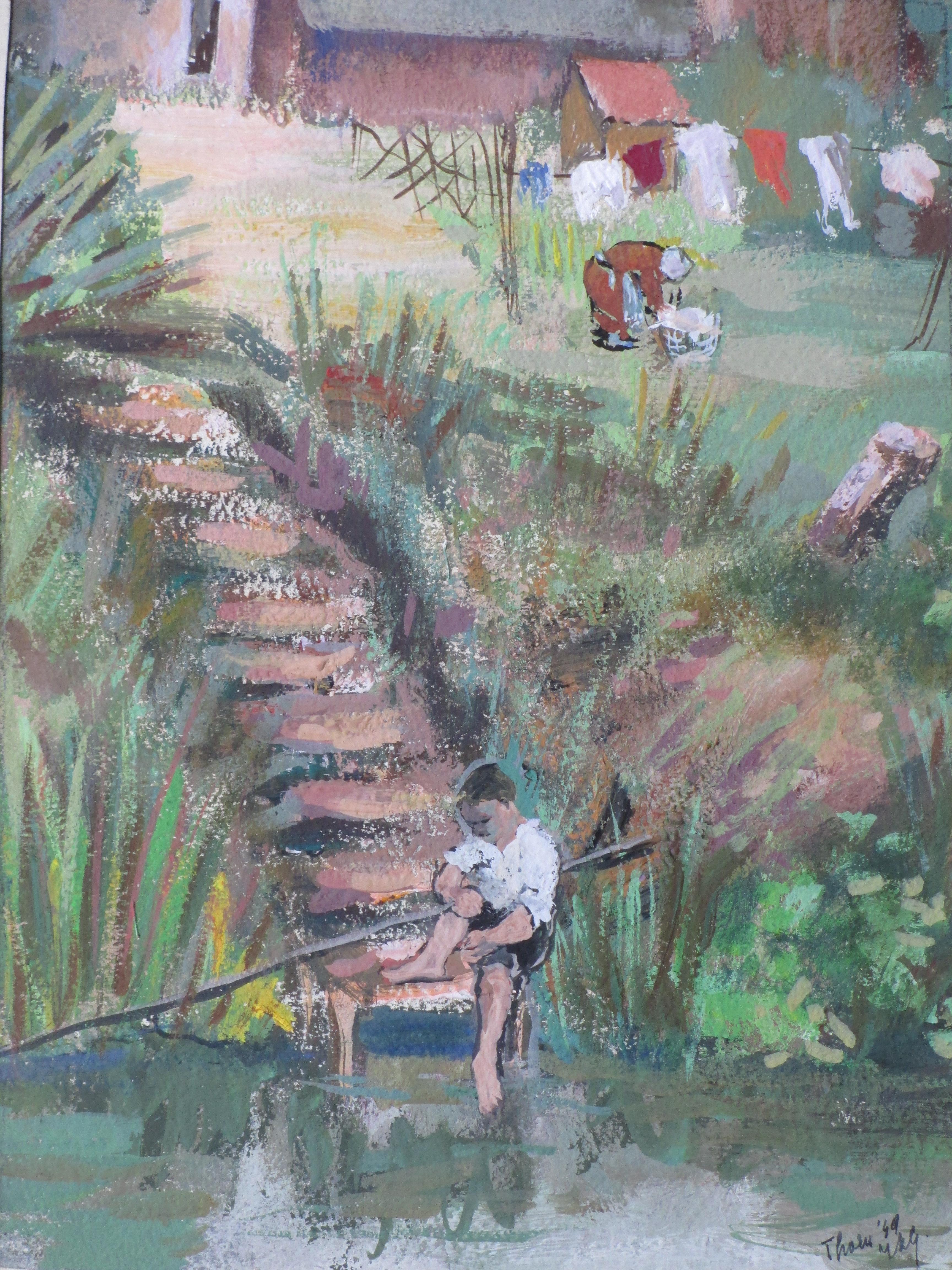 Niet of onleesbaar gesigneerd - Visser aan sloot in Thorn - Gemengde techniek verkocht voor € 1!