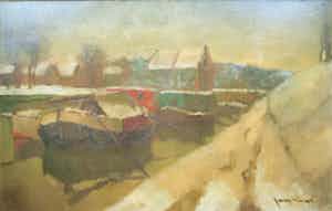 Joop Kropff - olieverf op board - afgemeerde boten verkocht voor € 295!