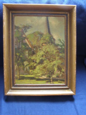 Niet of onleesbaar gesigneerd - Dorpsgezicht met kerktoren en bomen kopen? Bied vanaf 1!