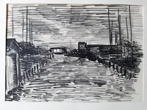 Hugo Liebe - Krijttekening, Haventje te Rijpwetering bij avond. kopen? Bied vanaf 20!