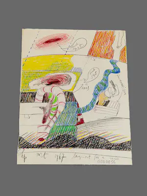 Hannes Postma - in maart 1967 gemaakte kleurpotlood tekening "lay out for a new Goddess" kopen? Bied vanaf 46!