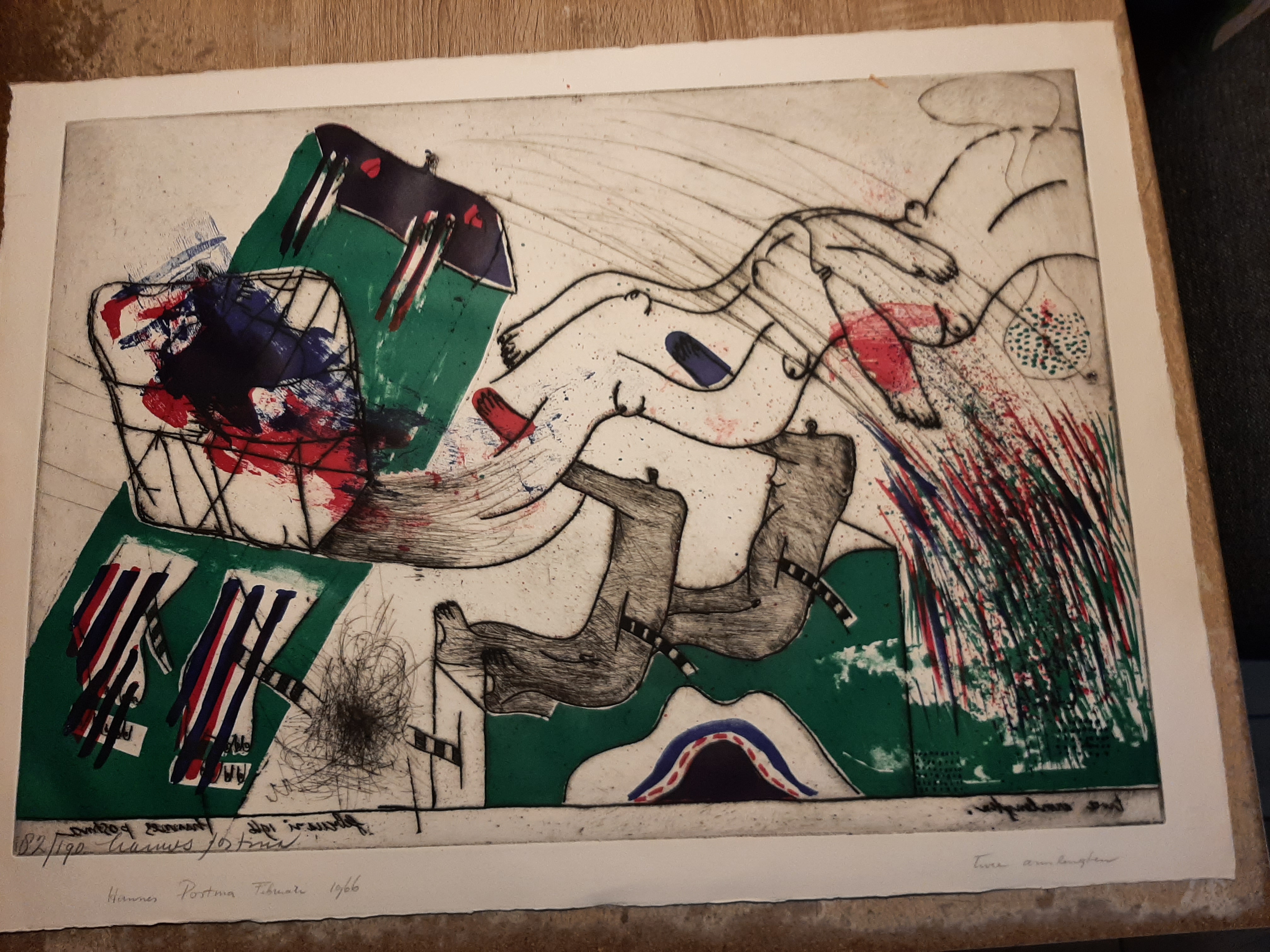 Hannes Postma - "Hors series" handgekleurde Ets -1966 - "twee armlengten" kopen? Bied vanaf 40!