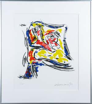 Theo Wolvecamp - Litho, Z.T. Compositie met rood, blauw en geel - Ingelijst verkocht voor € 100!