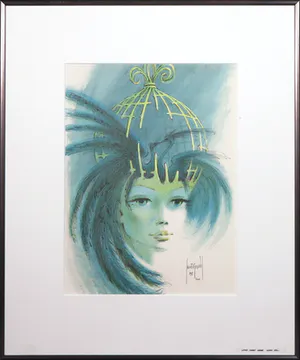 Francis de Lassus Saint-Genies - Litho, Vrouw met kooi - Ingelijst kopen? Bied vanaf 35!