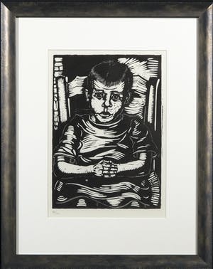 Dick Ket - Linoleumsnede, Meisje in kinderstoel - Ingelijst kopen? Bied vanaf 40!