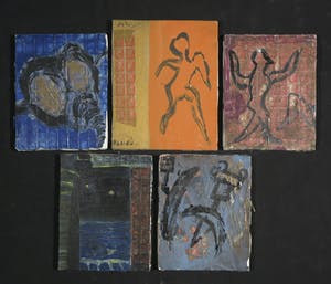 Igor Issacovitch - Lot van vijf werken (acryl/collage met postzegels) op doek, Extermination kopen? Bied vanaf 1!