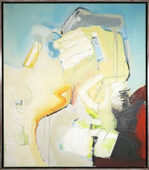 Ton van Kesteren - Olieverf op doek, Abstracte compositie in geel en blauw - Ingelijst (Groot) kopen? Bied vanaf 200!