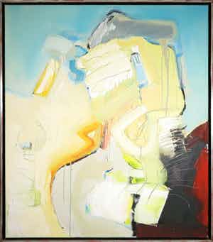 Ton van Kesteren - Olieverf op doek, Abstracte compositie in geel en blauw - Ingelijst (Groot) verkocht voor € 200!