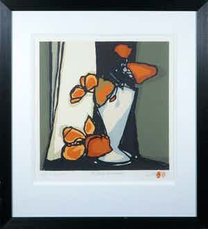 Fon Klement - Boardsnede, Les fleurs automnales- Ingelijst verkocht voor € 100!