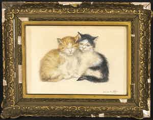 Anna Maria Stork-Kruijff - Gouache, Twee poezen - Ingelijst verkocht voor € 1!