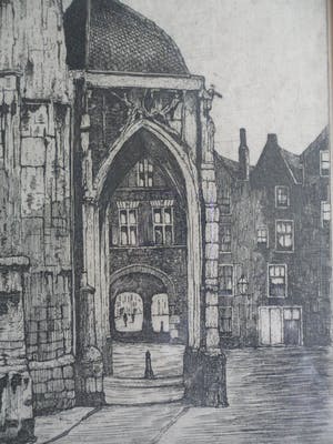 Marius Johannes Janssen - Ets. Nijmegen, Ingang Sint Stevenskerk. Ingelijst kopen? Bied vanaf 35!