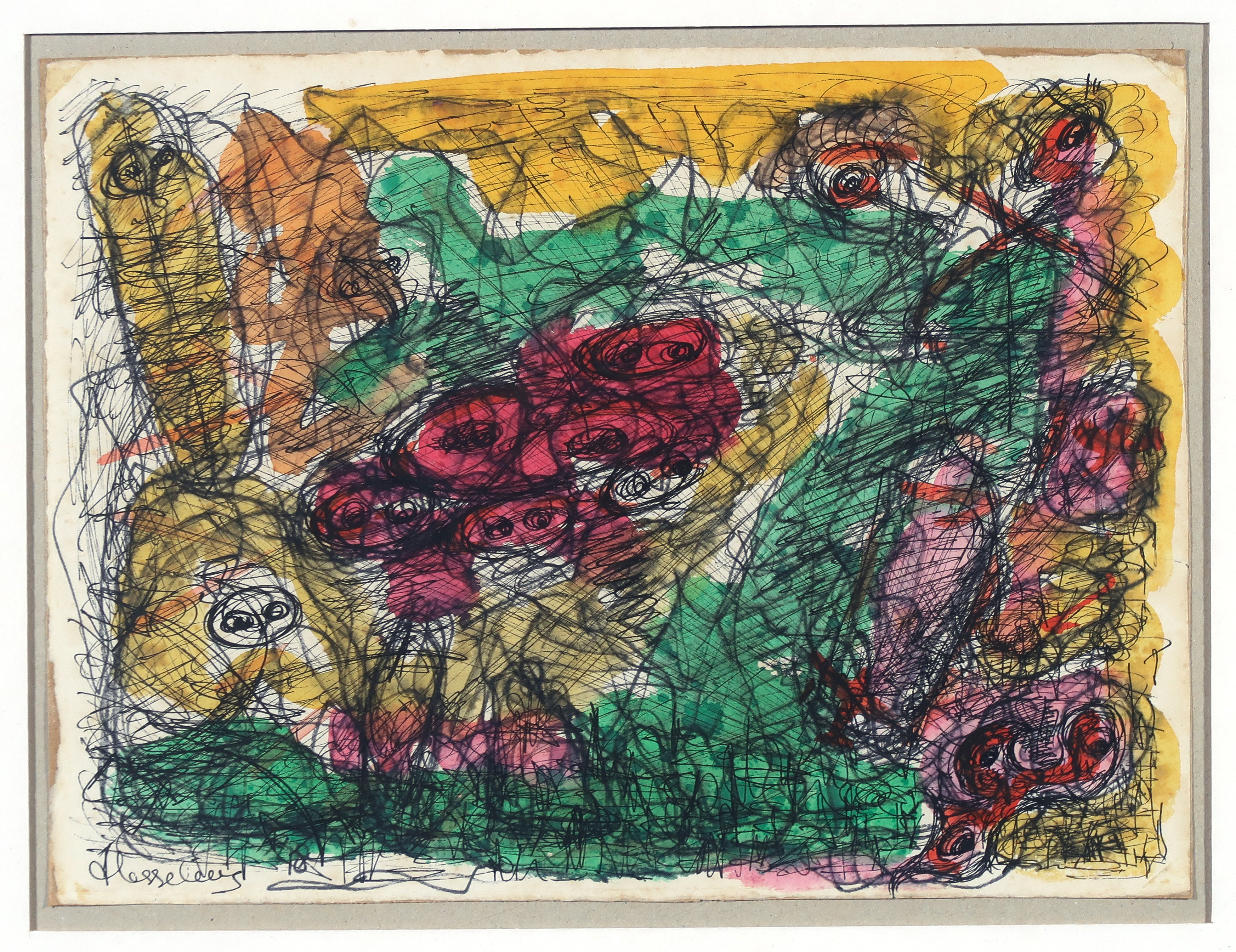 Henk Hesselius - Pentekening en aquarel, Wat gebeurt er om mij heen - Ingelijst kopen? Bied vanaf 1!