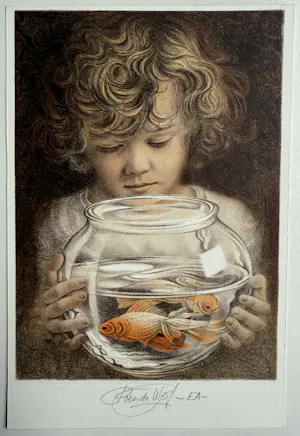 Poen de Wijs - handgesigneerde litho | 'Kinderspel - Jongetje met vissenkom' | 2006 kopen? Bied vanaf 100!
