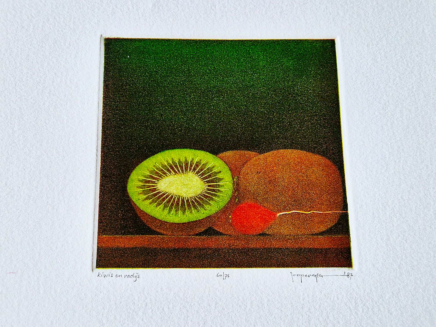 Buy Joop Vegter - Fraaie kleine mezzotint "kiwis en radijs" - bep. oplage (75) - potloodgesigneerd? Bid from 45!