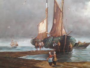 Niet of onleesbaar gesigneerd - P. Goossens , botters op het strand kopen? Bied vanaf 10!