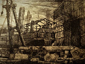 Pieter Hofman - Grafisch meesterwerkje "Dok met schip in aanbouw haven Rotterdam " gesigneerd kopen? Bied vanaf 20!