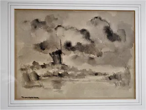 Toon Koster - Sfeervol impressionistisch Aquarel en Sepia "polderlandschap met molen" gesignee kopen? Bied vanaf 1!