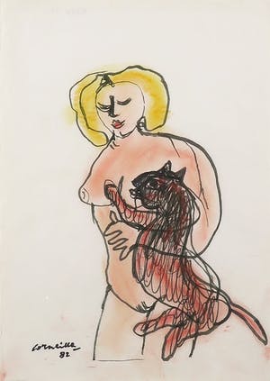 Corneille - Ingelijste pastel- en viltstifttekening, Femme et chat rouge (+ fotocertificaat) kopen? Bied vanaf 1!