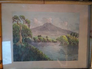 Niet of onleesbaar gesigneerd - Indonesisch landschap met uitzicht op berg kopen? Bied vanaf 10!