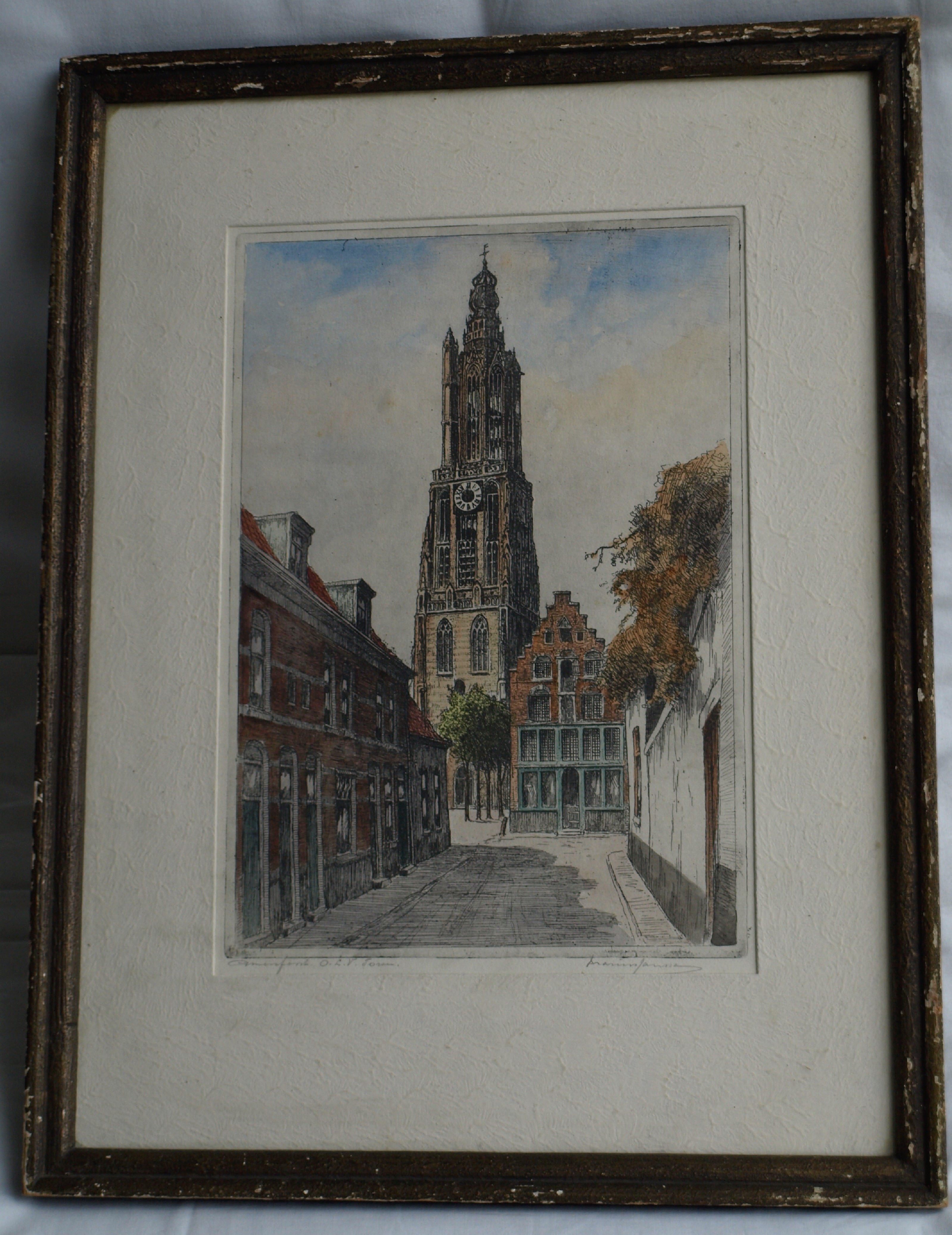 Marius Johannes Janssen - Ets , Onze Lieve Vrouwetoren Amersfoort – Gesigneerd en ingelijst – ca 1935 kopen? Bied vanaf 30!