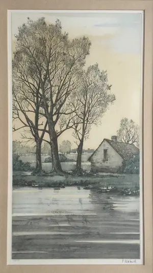 Roger Hebbelinck - Fraai ingelijste kleuren ets met Vlaams herfstlandschap kopen? Bied vanaf 40!
