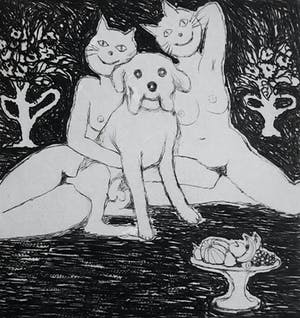 Aat Veldhoen - Hond met poezen, aquatint ets kopen? Bied vanaf 75!