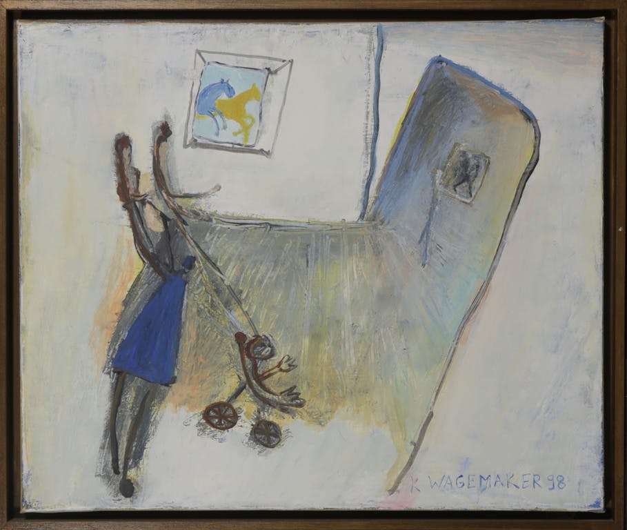 Kees Wagemaker - Kees Wagemaker: Acryl op doek, Man met kinderwagen - Ingelijst verkocht voor € 66!