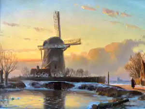 Anton Karssen - Winters landschap met vrouw op een pad bij een molen kopen? Bied vanaf 390!