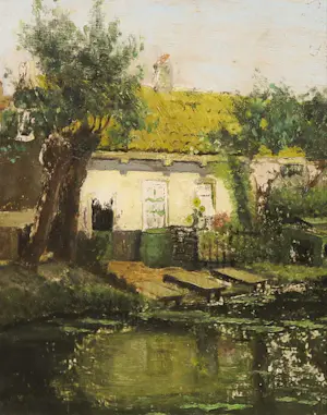 Joh. de Fooy - Olieverf op paneel, Huisje aan de sloot - Ingelijst kopen? Bied vanaf 50!