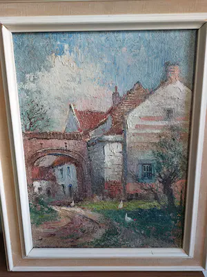 Walter Neuhof - Olieverf op doek - Stadsgezicht met kippen kopen? Bied vanaf 70!