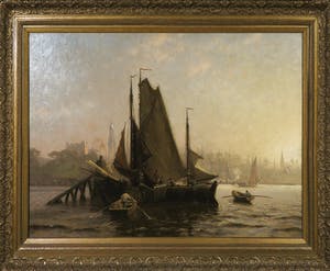 Julius Friedrich Ludwig Runge - Olieverf op doek, Schip in de haven van Hamburg - Ingelijst (groot) kopen? Bied vanaf 700!